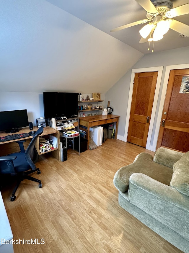 office area with lofted ceiling, ceiling fan, and wood finished floors