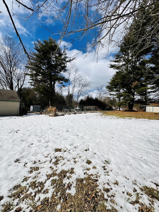 yard covered in snow with an outdoor structure and a storage unit