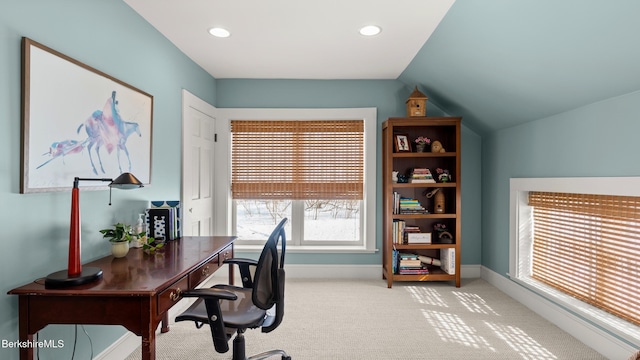 home office with vaulted ceiling, recessed lighting, light carpet, and baseboards