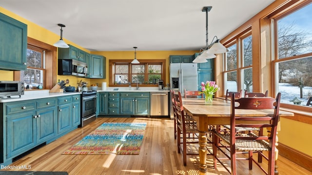 kitchen featuring a sink, light countertops, appliances with stainless steel finishes, light wood finished floors, and pendant lighting