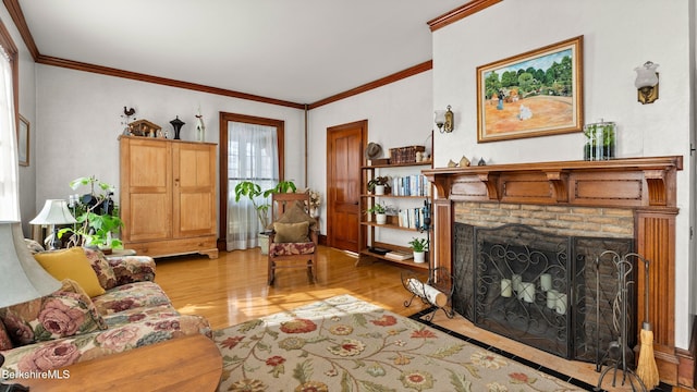 living room with ornamental molding, a fireplace, and light wood finished floors