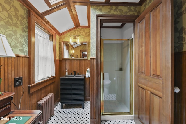 full bath with radiator, a stall shower, a wainscoted wall, ornamental molding, and wallpapered walls