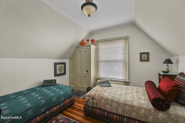 bedroom featuring wood finished floors and vaulted ceiling