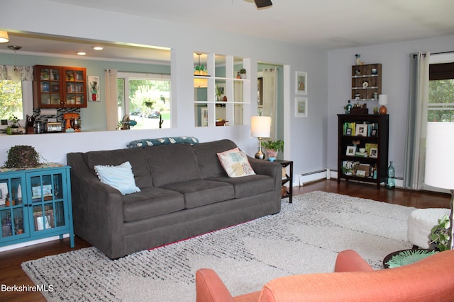 living room featuring a healthy amount of sunlight, baseboard heating, and dark wood-type flooring