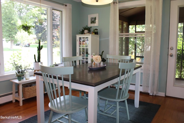 dining space with a healthy amount of sunlight and dark hardwood / wood-style floors