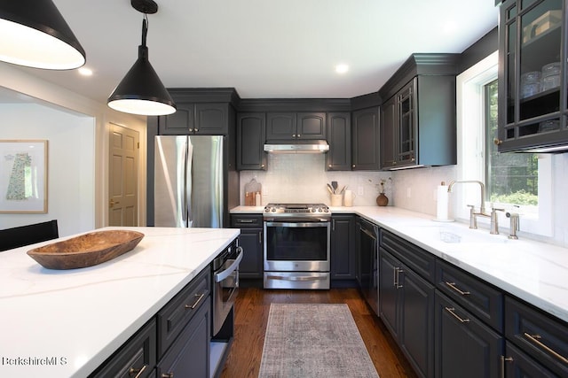 20 Hillside Ln, Sheffield, MA 01222 - kitchen with stainless steel appliances, under cabinet range hood, a sink, glass insert cabinets, and backsplash