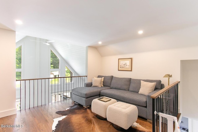 20 Hillside Ln, Sheffield, MA 01222 - living room with vaulted ceiling, wood finished floors, a ceiling fan, and recessed lighting