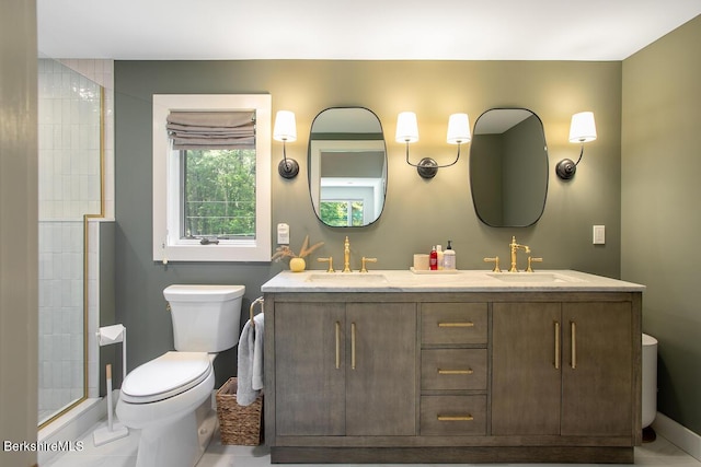 20 Hillside Ln, Sheffield, MA 01222 - bathroom featuring toilet, double vanity, baseboards, and a shower