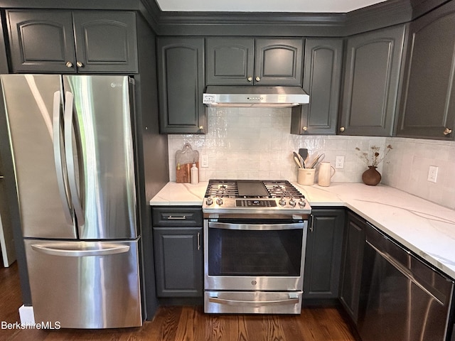 20 Hillside Ln, Sheffield, MA 01222 - kitchen with stainless steel appliances, under cabinet range hood, decorative backsplash, and dark wood-style floors