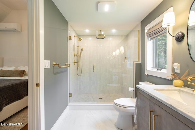 20 Hillside Ln, Sheffield, MA 01222 - full bathroom featuring connected bathroom, a wall mounted AC, a stall shower, vanity, and marble look tiles