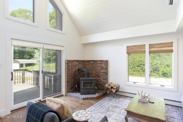 20 Hillside Ln, Sheffield, MA 01222 - living room featuring a wood stove, healthy amount of natural light, vaulted ceiling, and wood finished floors