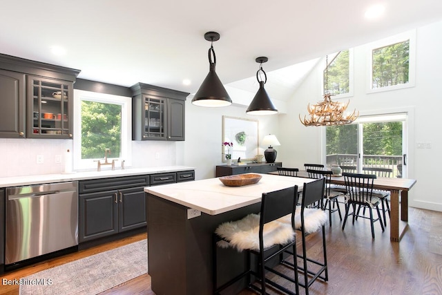 20 Hillside Ln, Sheffield, MA 01222 - kitchen featuring stainless steel dishwasher, gray cabinets, a sink, glass insert cabinets, and recessed lighting