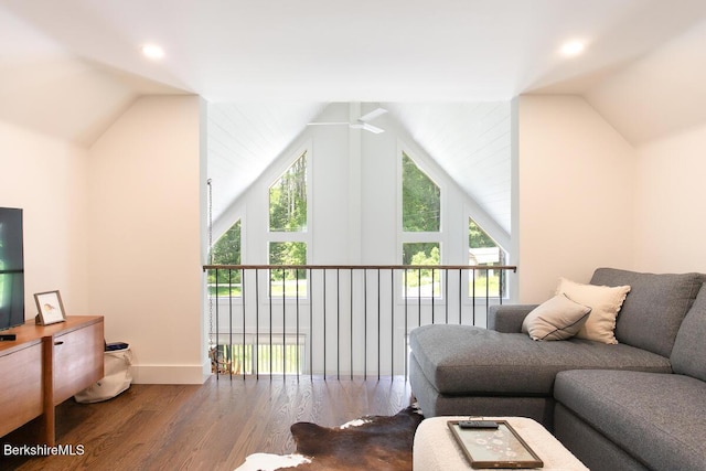 20 Hillside Ln, Sheffield, MA 01222 - living room with vaulted ceiling, wood finished floors, baseboards, and recessed lighting