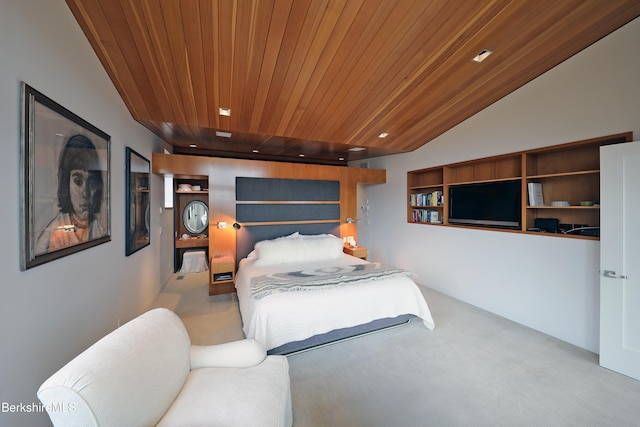 bedroom featuring recessed lighting, carpet floors, lofted ceiling, and wooden ceiling