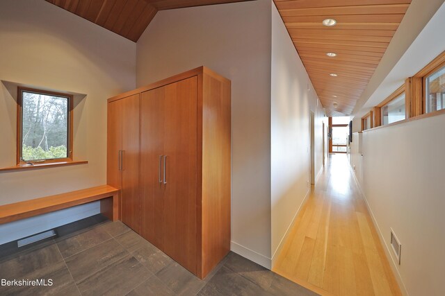 113 Brush Hill Rd, Great Barrington, MA 01230 - hall featuring wood ceiling, healthy amount of natural light, vaulted ceiling, baseboards, and recessed lighting