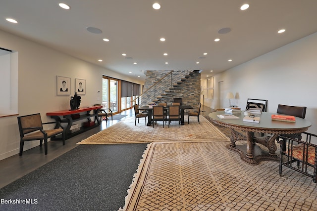 dining area with recessed lighting, stairway, and baseboards