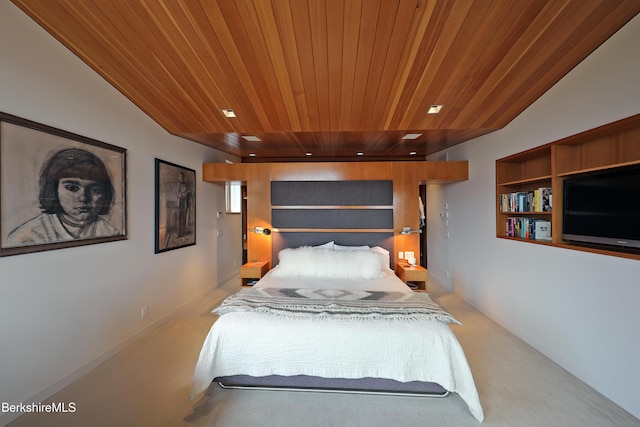 bedroom with carpet and wooden ceiling