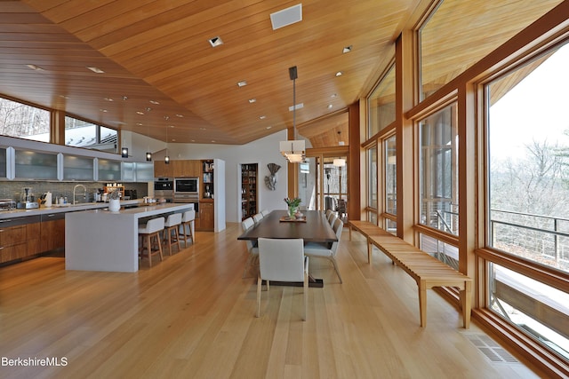 dining room with visible vents, wooden ceiling, vaulted ceiling, and light wood finished floors