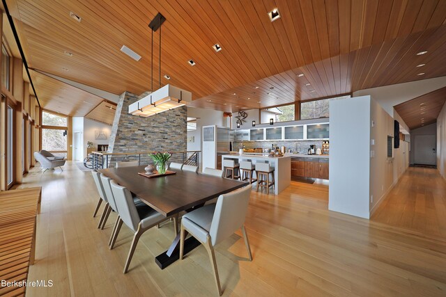 113 Brush Hill Rd, Great Barrington, MA 01230 - dining area featuring wood ceiling, lofted ceiling, light wood-style flooring, and plenty of natural light