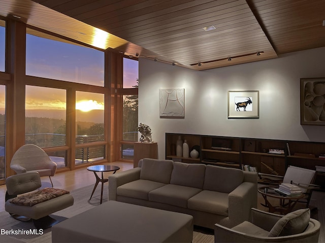 living area with wooden ceiling, floor to ceiling windows, rail lighting, and wood finished floors