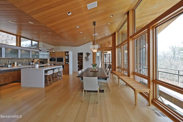 113 Brush Hill Rd, Great Barrington, MA 01230 - dining area featuring light wood-style floors, wooden ceiling, and high vaulted ceiling