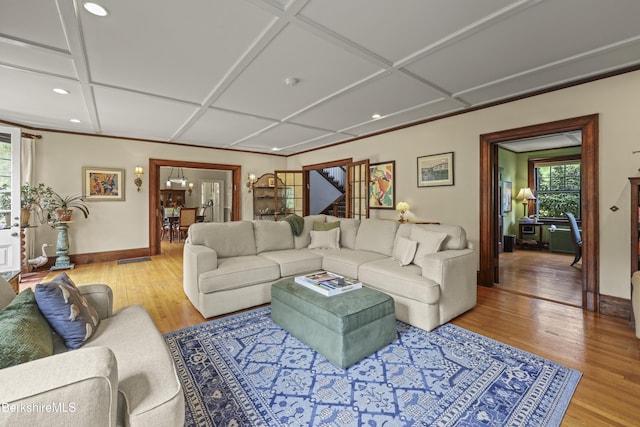 68 Colt Rd, Pittsfield, MA 01201 - living room featuring coffered ceiling, baseboards, light wood finished floors, and recessed lighting