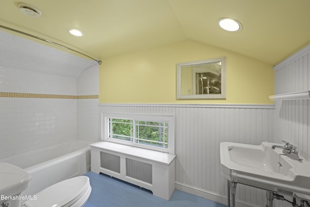 68 Colt Rd, Pittsfield, MA 01201 - bathroom featuring lofted ceiling, radiator heating unit, toilet, wainscoting, and wood finished floors