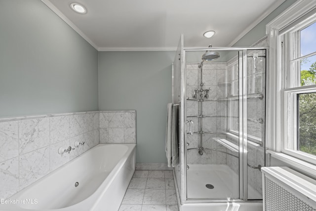 68 Colt Rd, Pittsfield, MA 01201 - bathroom with a garden tub, radiator heating unit, a stall shower, crown molding, and healthy amount of natural light
