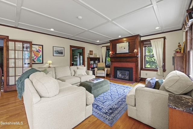 68 Colt Rd, Pittsfield, MA 01201 - living room with light wood-type flooring, coffered ceiling, a fireplace, and recessed lighting