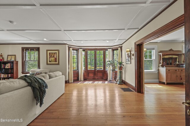 68 Colt Rd, Pittsfield, MA 01201 - living room with recessed lighting, hardwood / wood-style flooring, coffered ceiling, plenty of natural light, and baseboards