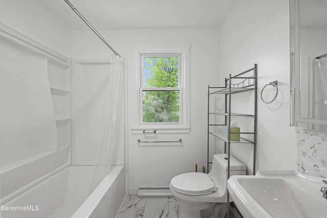 bathroom featuring marble look tiles, a baseboard radiator, toilet, a sink, and shower / bath combo with shower curtain