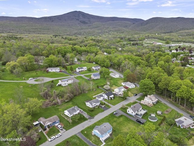 bird's eye view of a mountain backdrop and a heavily wooded area