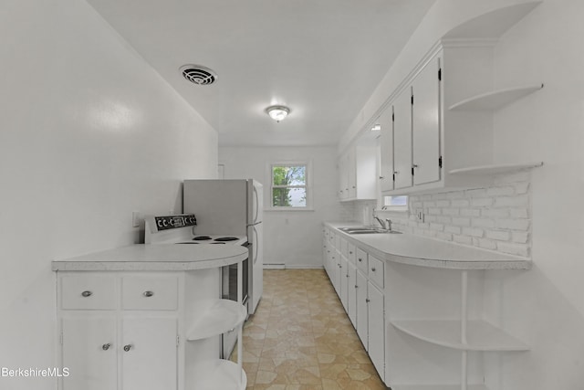 kitchen featuring open shelves, range with electric cooktop, light countertops, and white cabinets