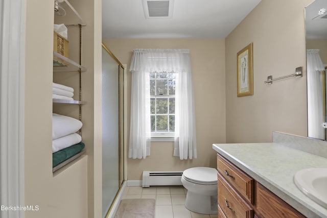 full bath with visible vents, a baseboard radiator, tile patterned flooring, vanity, and a shower stall