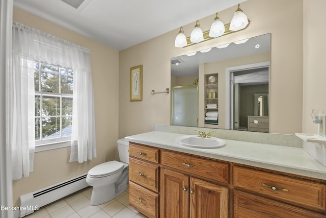 full bathroom featuring a baseboard radiator, toilet, a stall shower, vanity, and tile patterned flooring