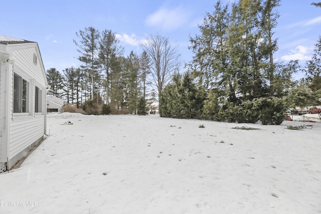 yard covered in snow with a garage