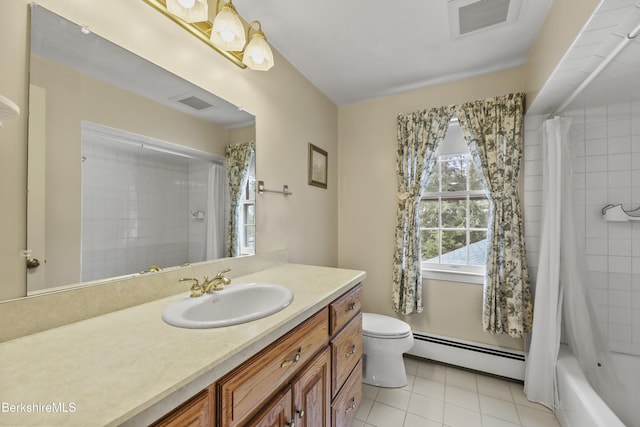 full bathroom with toilet, a baseboard radiator, vanity, and visible vents