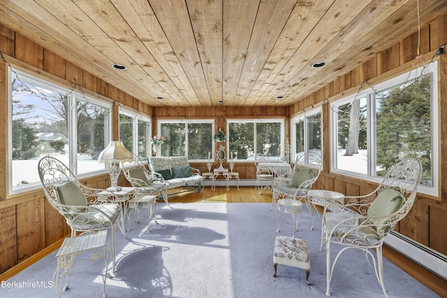 sunroom / solarium featuring a baseboard heating unit, a wealth of natural light, and wooden ceiling