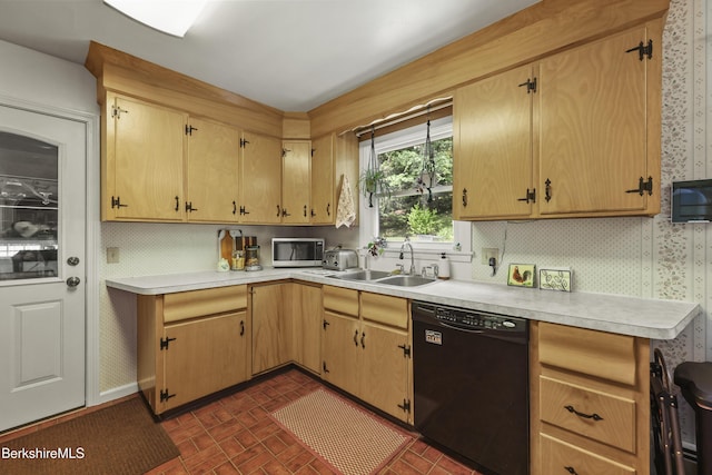 785 E New Lenox Rd, Pittsfield, MA 01201 - kitchen featuring black dishwasher, stainless steel microwave, light countertops, wallpapered walls, and brick patterned flooring