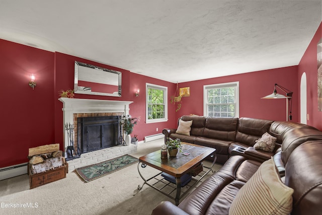 785 E New Lenox Rd, Pittsfield, MA 01201 - carpeted living area featuring baseboard heating and a brick fireplace