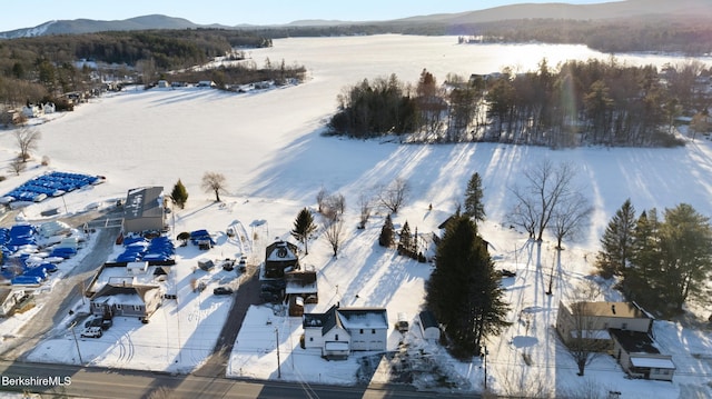 snowy aerial view with a mountain view