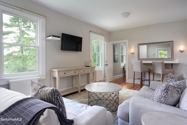 living area with radiator, baseboards, and wood finished floors