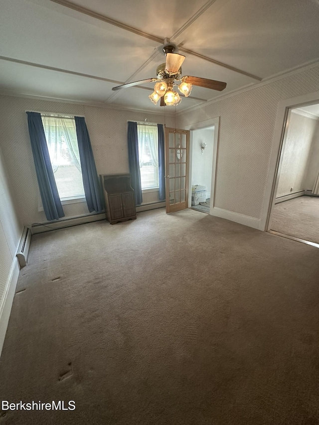 132-134 Crest St, North Adams, MA 01247 - spare room featuring crown molding, light colored carpet, healthy amount of natural light, a ceiling fan, and a baseboard radiator