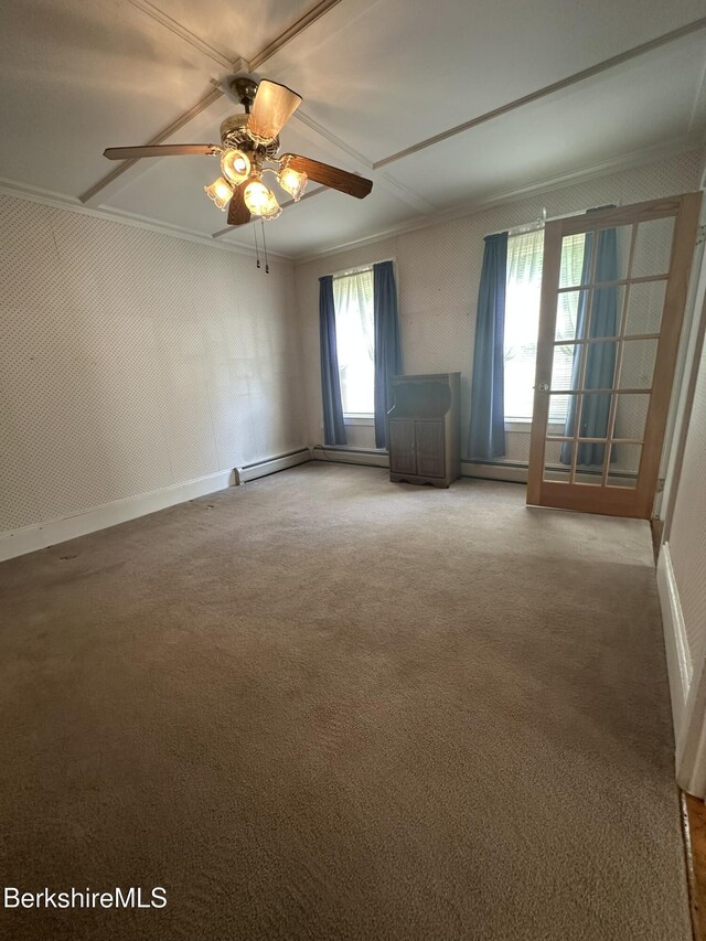 132-134 Crest St, North Adams, MA 01247 - carpeted spare room with crown molding, ceiling fan, and a baseboard heating unit