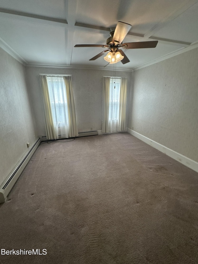 132-134 Crest St, North Adams, MA 01247 - spare room with crown molding, ceiling fan, carpet floors, and a textured wall