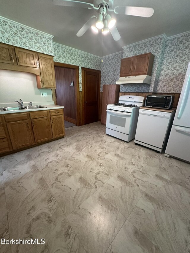 132-134 Crest St, North Adams, MA 01247 - kitchen featuring white range with gas cooktop, wallpapered walls, fridge, under cabinet range hood, and ceiling fan