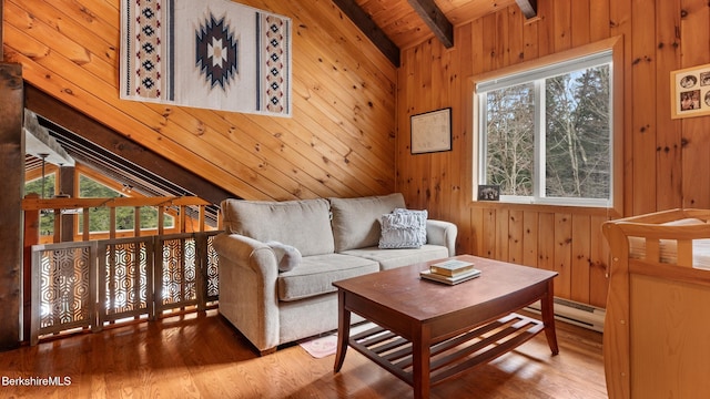 living area with lofted ceiling with beams, wood finished floors, and wood walls