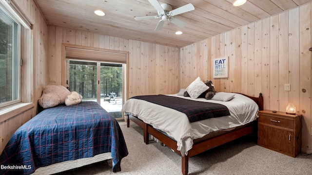 bedroom with light carpet, recessed lighting, and wooden ceiling