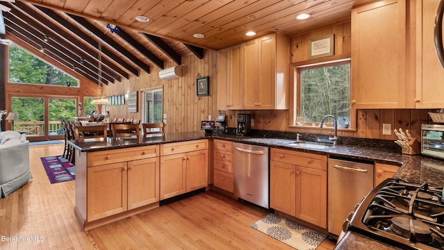 kitchen with a sink, lofted ceiling with beams, stainless steel dishwasher, a peninsula, and wood walls