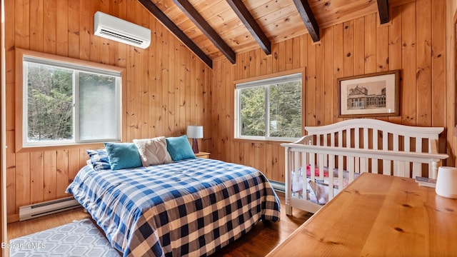 bedroom featuring wooden walls, wood finished floors, vaulted ceiling with beams, a wall mounted air conditioner, and a baseboard heating unit